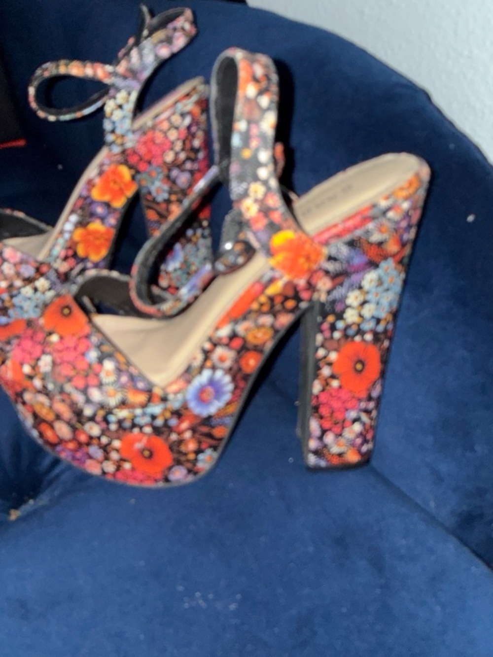 BAMBOO Orange Multi Floral Platform Block Heels